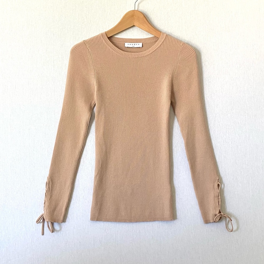 Sandro wool ribbed knit long sleeve sweater with crisscross ties on sleeves